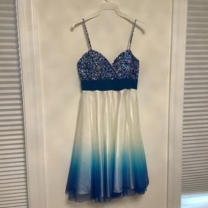 Scala short prom style dress with beautiful sequin top and ombré blue skirt, siz